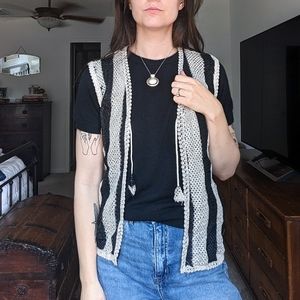 Vintage Unbranded Cream and Black Stripe Crochet Knit Openwork Vest